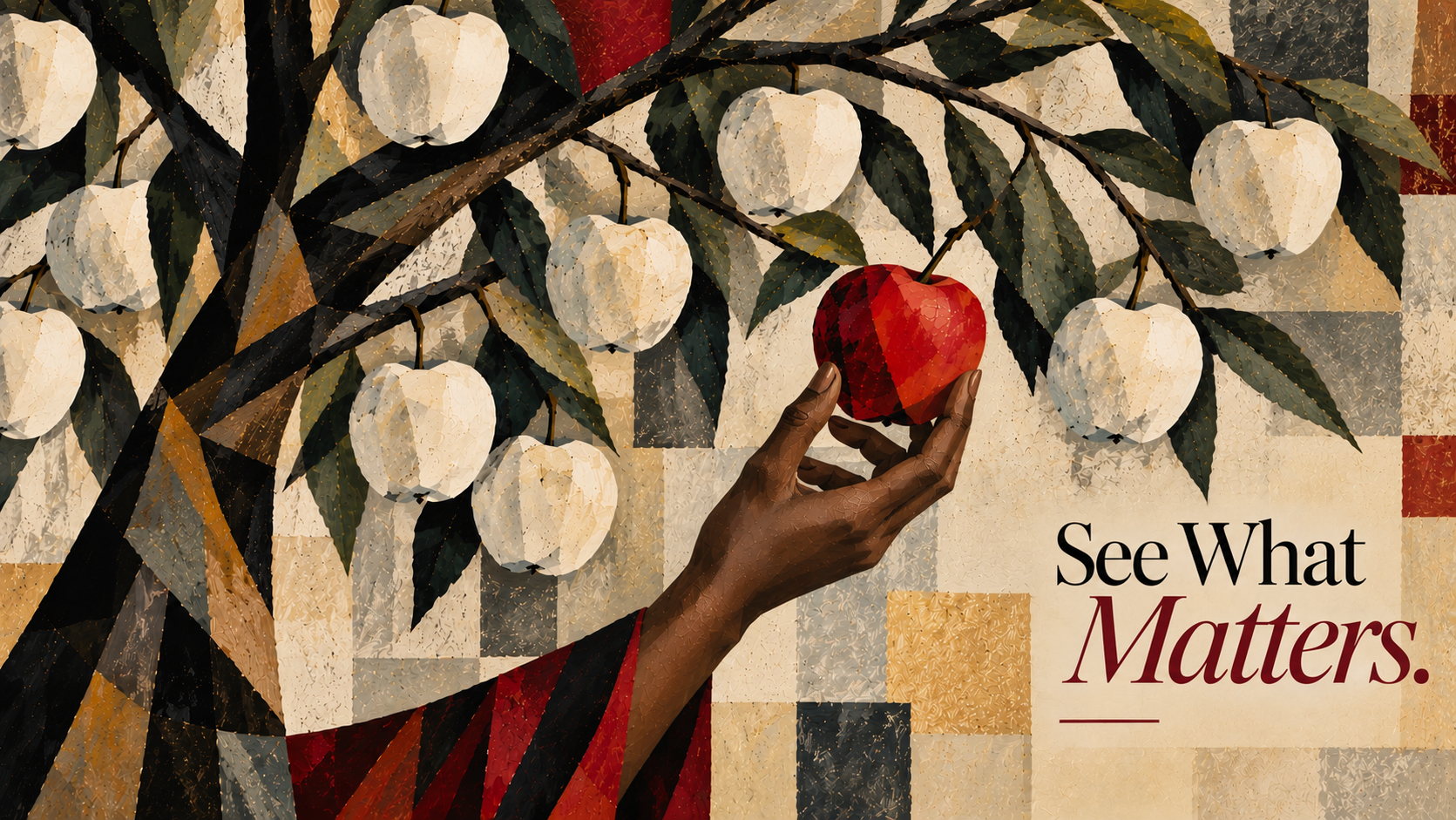 Cubist apple tree with one red apple and a dark-skinned hand reaching to choose it